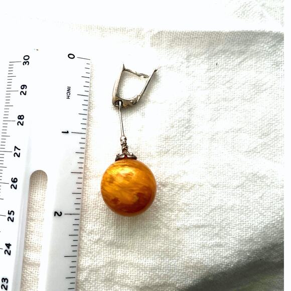 Vintage Baltic Amber Drop Earrings Honey amber Orb dangle sterling silver - Picture 2 of 9